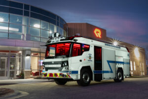 Rancho Cucamonga's RTX Fire Engine in front of Rosenbauer Building